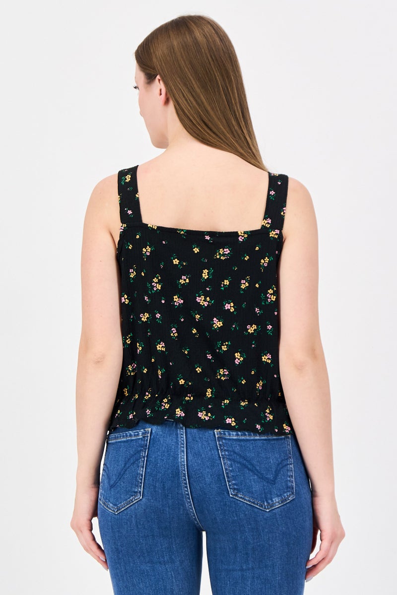 promod Women Square Neck Sleeveless Floral Pattern Crop Tank Top, Multicolor - Image 3